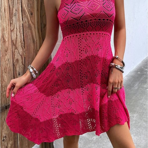 Pink Womens Colorblock Pointelle Knit Cover Up Dress - Picture 5 of 6